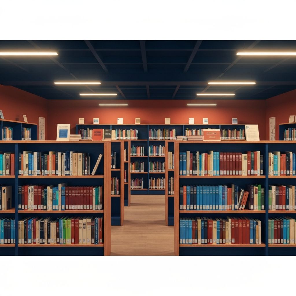 Professional research center environment with organized information architecture and warm lighting